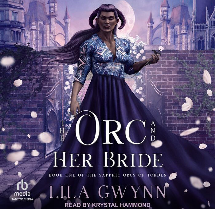 audio book cover for the orc and her bride by Serena Kirsch. Female orc in purple dress.
